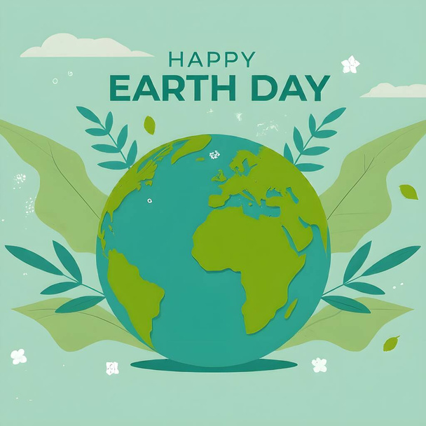 Vector flat illustration for happy earth day celebration with Earth planet, green trees, people, nature, hands, green energy, sun day - Photo, Image