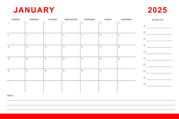 Calendário de janeiro 2025. Modelo de planejador mensal. Começa domingo. Projeto vetorial - Vetor, Imagem