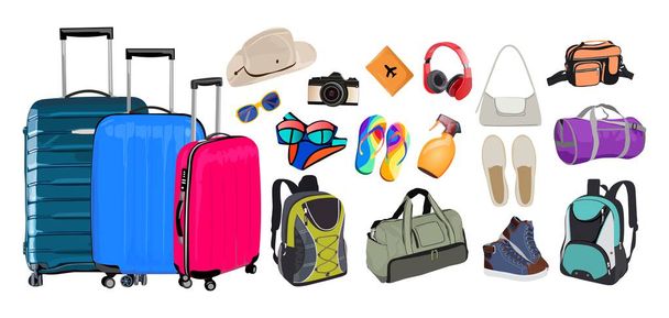 A collection of luggage and accessories for traveling, including backpacks, suitcases, handbags, hat, camera, passport, sneakers, flip flop, sunglasses. Travel objects vector realistic illustrations. - Vector, Image