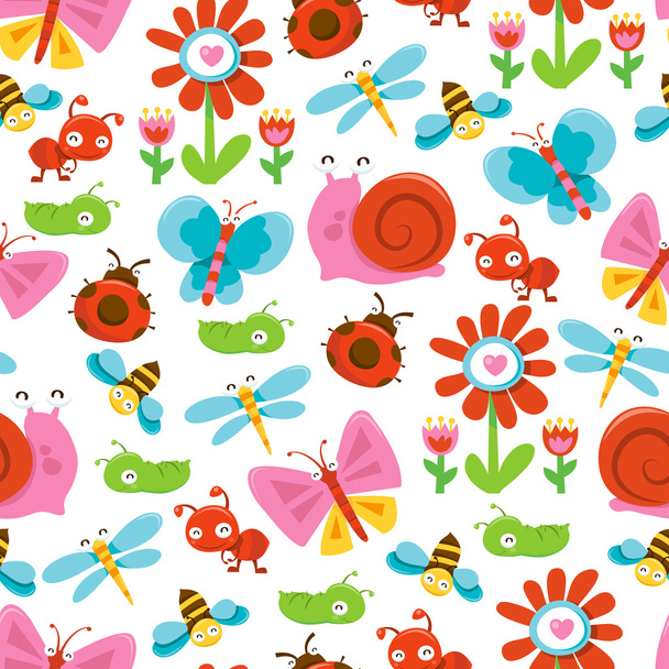 Happy Sweet Garden Bugs Seamless Pattern Background - Vector, Image