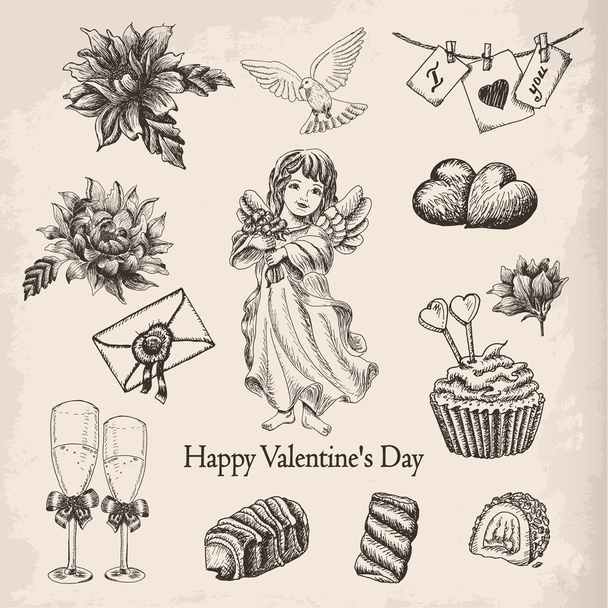 Vector set of hand drawn vintage valentine's day collection - Vetor, Imagem