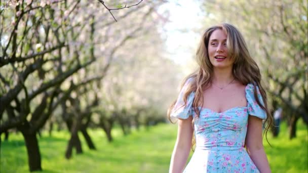アーモンドの木を咲かせるフィールドを楽しむ青いドレスのブルネット女性 - 映像、動画