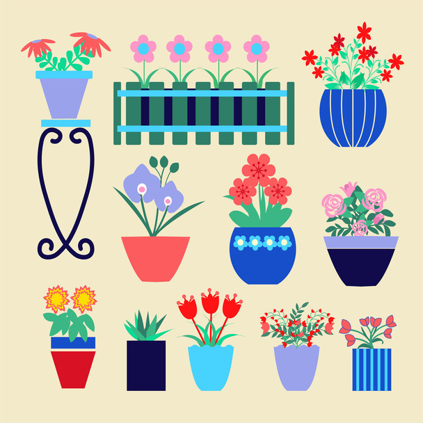 Set of different spring flowers in pots. - Вектор,изображение