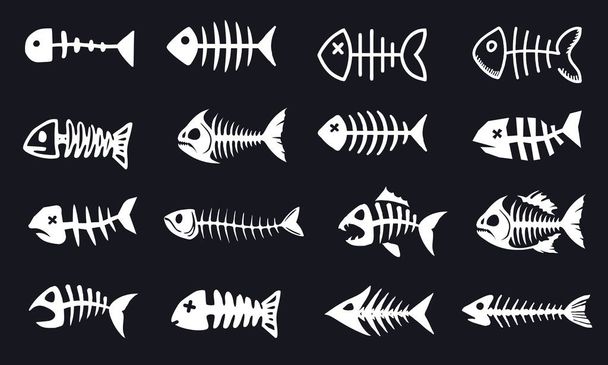 Σύνολο σιλουετών νεκρών οστών ψαριών σε σκούρο φόντο - Διάνυσμα, εικόνα