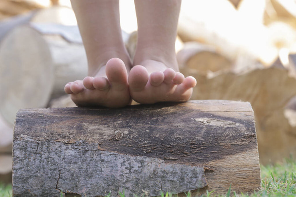 Παιδικά πόδια σε ξύλο κούτσουρο, ξυπόλυτος κοριτσάκι στον κορμό των δέντρων, τον τρόπο ζωής της υπαίθρου, την έννοια της γείωσης και τη σύνδεση με τη φύση - Φωτογραφία, εικόνα