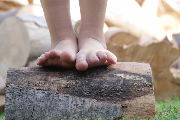 Детские ноги на деревянном бревне, босиком девочка на стволе дерева, сельский образ жизни, концепция заземления и связи с природой - Фото, изображение