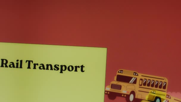 Rail Transport inscrição no fundo amarelo e vermelho com o símbolo de ônibus em movimento. Apresentação gráfica. Conceito de transporte. - Filmagem, Vídeo