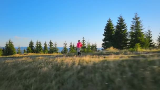 Joggertraining op het bergpad bij kleurrijke zonsopgang. Man loopt alleen op Highland Dirt Road. - Video