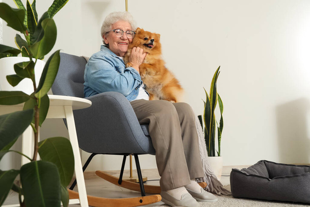 Femme âgée avec chien poméranien assis dans un fauteuil à bascule à la maison - Photo, image
