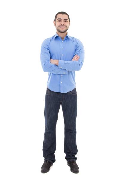 hombre de negocios árabe joven en camisa azul aislada en blanco - Foto, Imagen