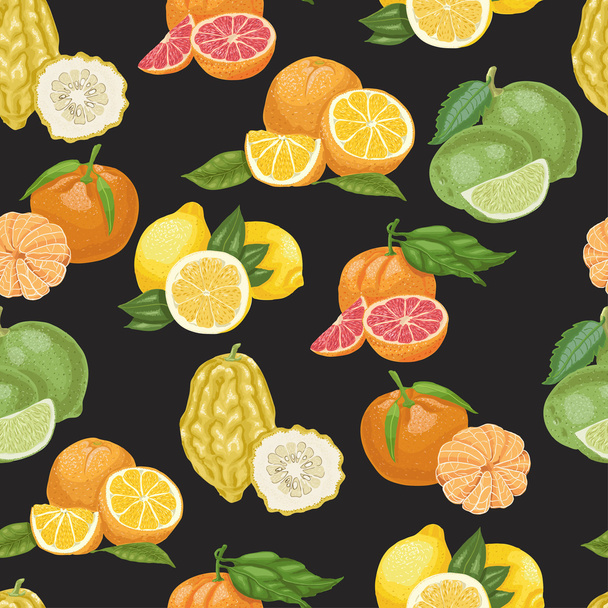 Seamless pattern with citrus fruit on black background - Vector, Imagen