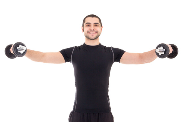 счастливый человек в черной спортивной, делать упражнения с гантелями iso - Фото, изображение
