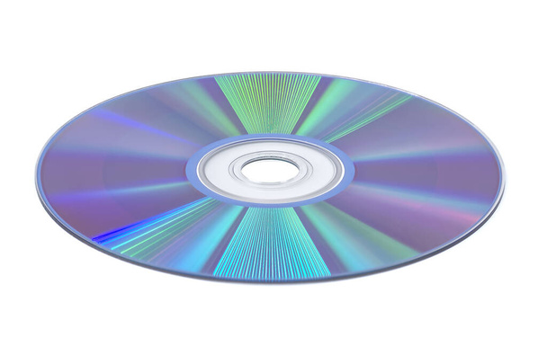 Egy sima, fehér hátterű, lapos CD-ről. A CD fényvisszaverő felülete bemutatja az adattárolást reprezentáló bonyolult spirális pályamodellt - Fotó, kép