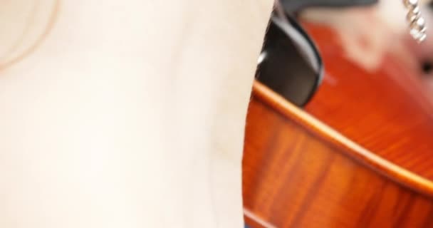 En esta vista de cerca desde atrás, aparece el cuello de un violinista, el peinado rubio recogido y los pendientes suavemente balanceados, acompañando el arco del violín, contra un telón de fondo azul - Metraje, vídeo