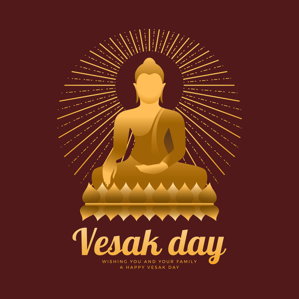 Día de Vesak - La meditación buda dorada en el loto y el círculo irradian con la línea discontinua alrededor en el diseño del vector de fondo marrón rojo - Vector, Imagen