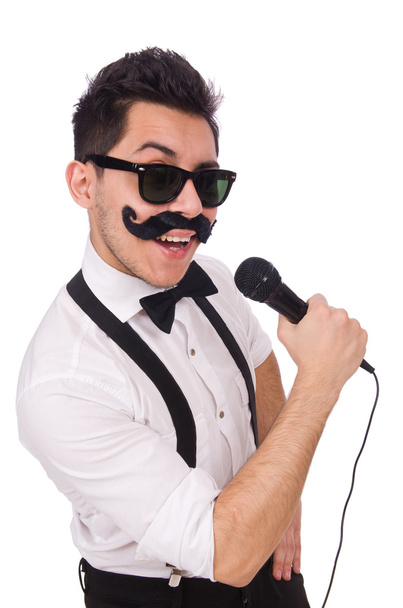 Забавна людина з мікрофоном ізольована на білому
 - Фото, зображення