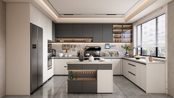 3d tekee moderni keittiö täysin parametrinen valmistettavissa avattu hylly kaapit - Valokuva, kuva