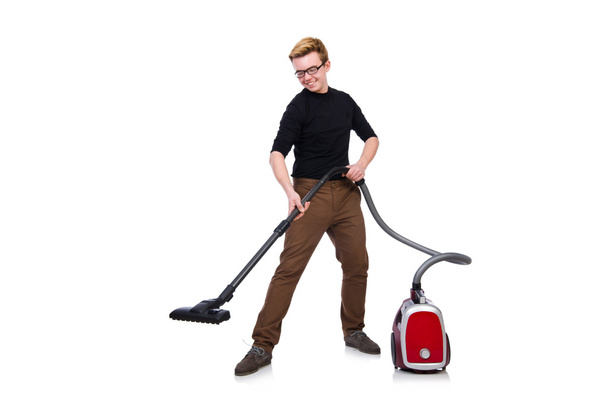 Funny man with vacuum cleaner on white - Photo, Image