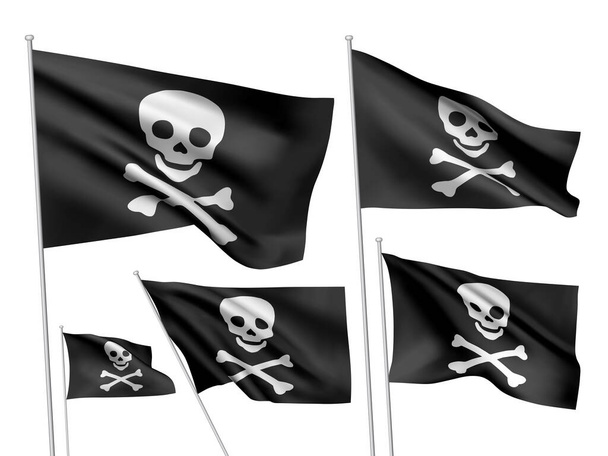 Pirates vector flags - simple version of Jolly Roger. A set of black wavy 3D flags with flagpoles isolated on white background, created using gradient meshes - Vector, Image