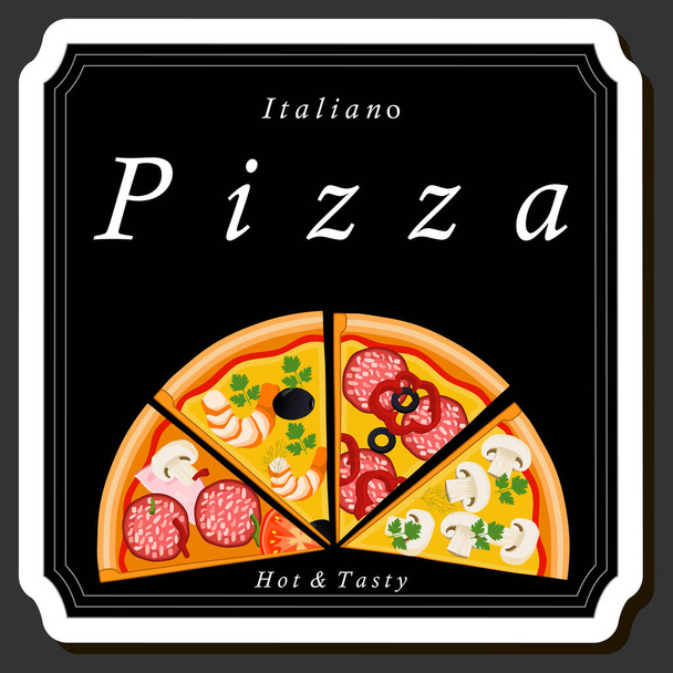 Ilustracja na temat dużej gorącej pizzy do menu pizzerii, włoska pizza składająca się z różnych składników, takich jak chrupiące ciasto pieczone, czerwony pomidor, niemiecka kiełbasa, grzyby champignon i wiele więcej - Wektor, obraz