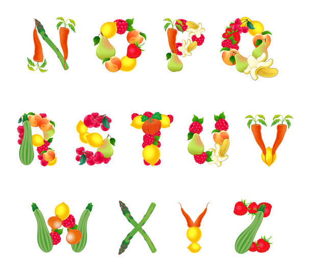 Alfabeto compuesto por frutas y hortalizas, segunda parte
 - Vector, Imagen