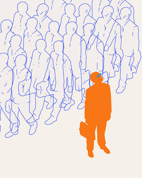 collage de arte contemporáneo. Silueta naranja de individuo se destaca contra multitud de figuras esbozadas azules sobre fondo claro. Concepto de negocio, cuestiones sociales, comunicación, conexión. - Vector, imagen