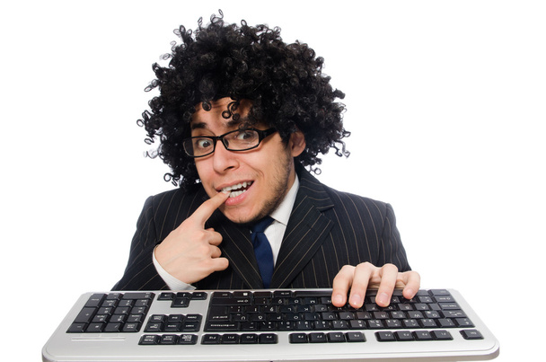 Молодий працівник з клавіатурою ізольовано на білому
 - Фото, зображення