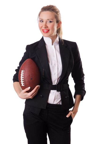 Preety office employee with rugby ball isolated on white - Photo, image