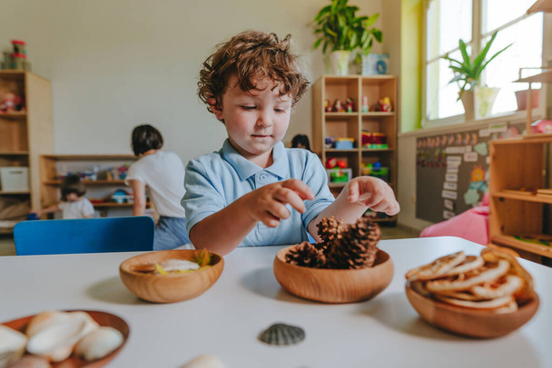 Boy playing with natural toys, seashells, pine cones, feathers in a kindergarten or daycare center. Selective focus - Photo, Image