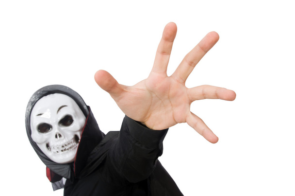 Man in horror kostuum met masker geïsoleerd op wit - Foto, afbeelding