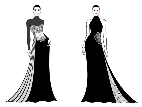 Модні моделі в елегантному вечірньому вбранні, в чорному кольорі, контур, ізольовані, Векторні ілюстрації на білому тлі. - Вектор, зображення
