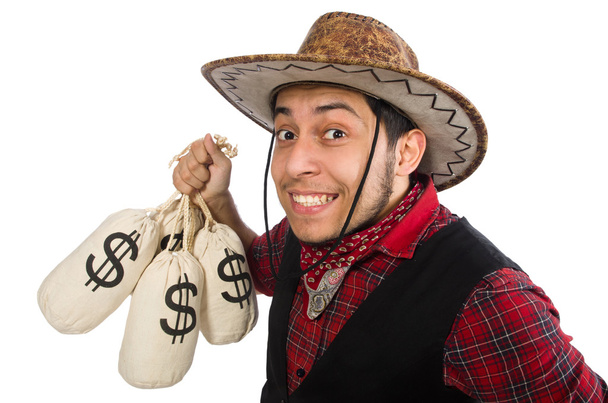 Vaquero joven con bolsas de dinero aisladas en blanco
 - Foto, Imagen
