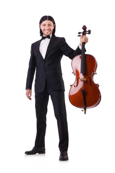 Hombre divertido con instrumento de música en blanco - Foto, Imagen