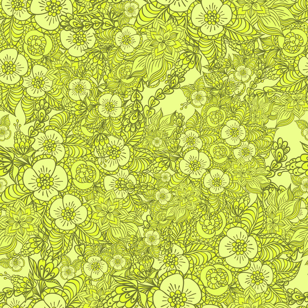 Seamless pattern with doodle spring flowers in green - Vetor, Imagem