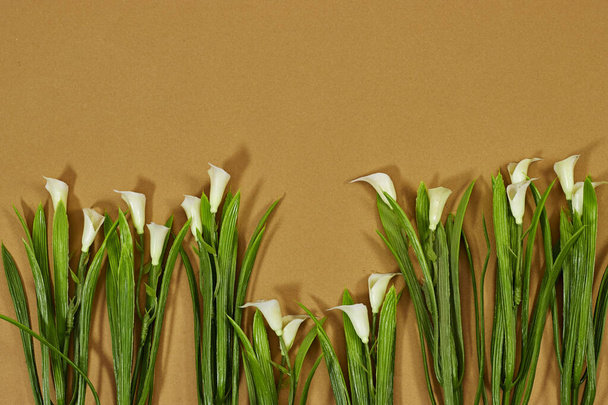 Calla lelies bloemen geïsoleerd op bruine achtergrond - Foto, afbeelding