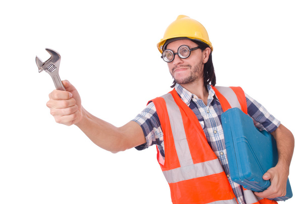 Funny joven trabajador de la construcción con caja de herramientas
 - Foto, Imagen