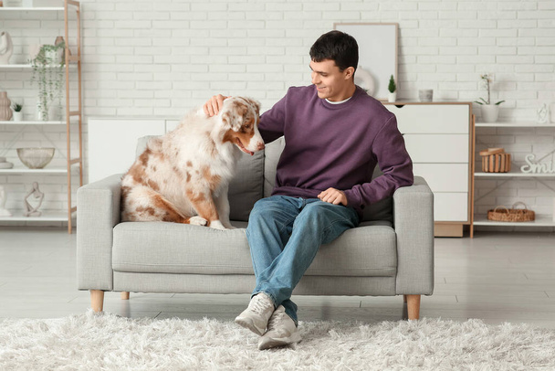 Νεαρός άνδρας με Αυστραλιανό Ποιμενικό σκυλί κάθεται στον καναπέ στο σπίτι - Φωτογραφία, εικόνα