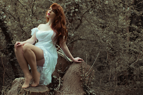 Femme sensuelle en robe posant au bois
 - Photo, image