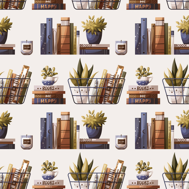seamless pattern of books and flowers, home decor - Vector, Image