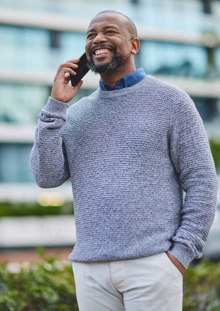 City, business and black man with phone call on commute in morning with networking chat to client. Consulting, investor and conversation on street with smartphone to contact trader with opportunity. - Photo, Image