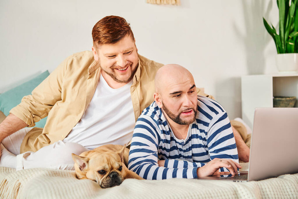 Двое мужчин и его собака очарованы ноутбуком на кровати. - Фото, изображение