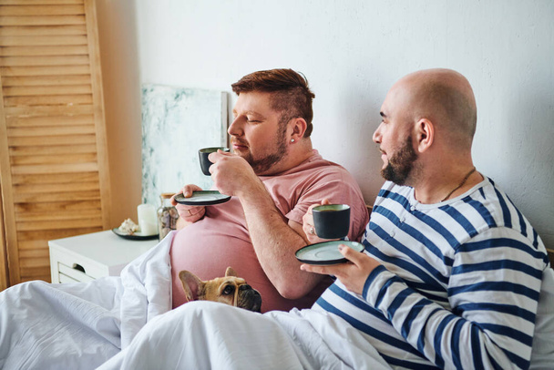 un gay couple et leur français bouledogue se prélasser sur un lit. - Photo, image