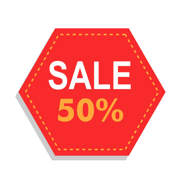 販売 50% 六角形バッジフォーム 最高の価格ディスカウント 大きなオファー 安い価格シート 黄色と赤いバッジ 赤い背景 - ベクター画像