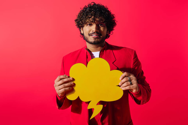 A young Indian man in a red jacket holds a speech bubble on a vivid backdrop. - Photo, Image