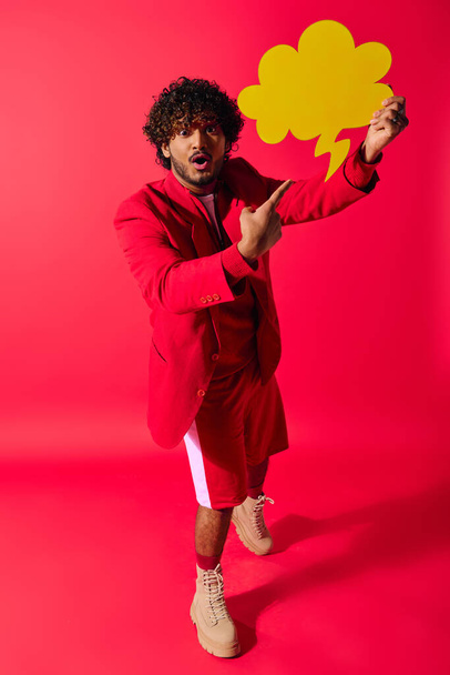 A young Indian man in a red suit holding a yellow speech bubble on a vivid backdrop. - Photo, Image