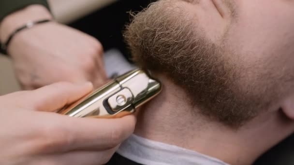 Peluquería afeita el cabello en el cuello del cliente creando forma de barba con la máquina en primer plano de la barbería. Peluquería utiliza máquina de afeitar eléctrica en el salón - Imágenes, Vídeo