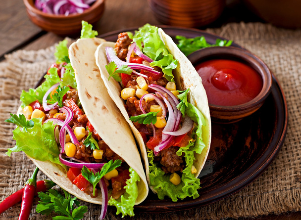 Mexican tacos with meat, vegetables and onion - Photo, Image