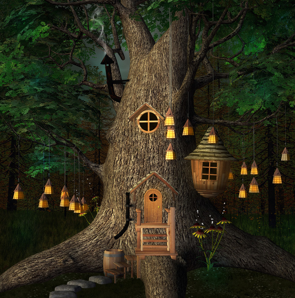 Domek na drzewie przez noc z latarniami - Zdjęcie, obraz