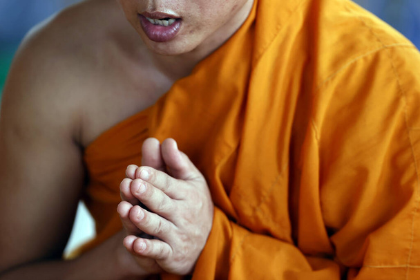 Буддийская пагода Phuoc Hue. Монах на буддийской церемонии молится в главном зале. Вьетнам.  - Фото, изображение