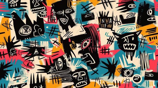 punk pop rock estilo elementos rosto abstrato com textura grungy com cor splash fundo abstrato, azulejo padrão sem costura - Foto, Imagem